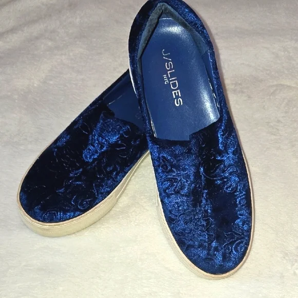 J/SLIDES NYC SZ 7 CRUSHED VELVET ROYAL BLUE PAISLEY FLORAL CASUAL SNEAKERS GLAM! - Picture 6 of 10